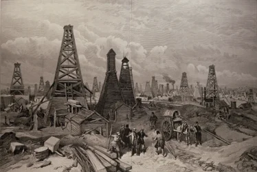I pozzi di petrolio a Baku sul Mar Caspio, da 